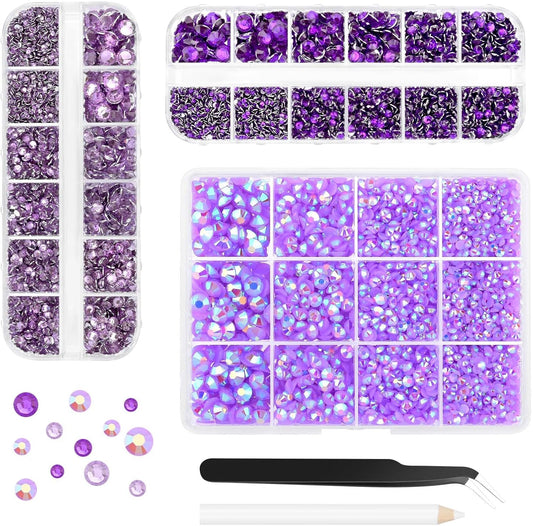 Morcheiong 17000Pcs Resin Rhinestones Purple Flatback Crystals Diamond Includes Tweezers and Pickup