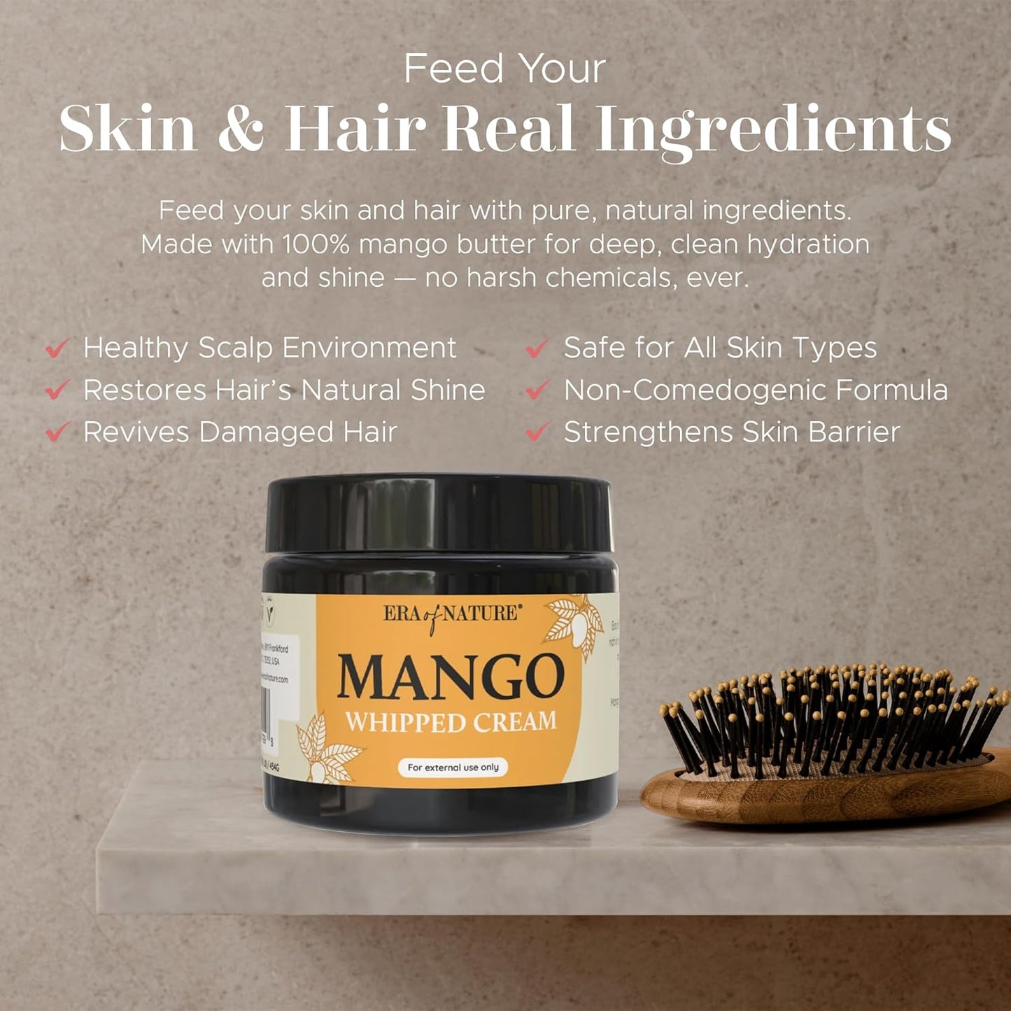 era of nature Mango Whipped Body Cream for Women 16oz - Lightweight Whipped Lotion with Pure Mango - Non-Greasy Body Butter Cream Lotion & Balm Moisturizer for Face, Hair & Dry Skin, Vegan Skincare