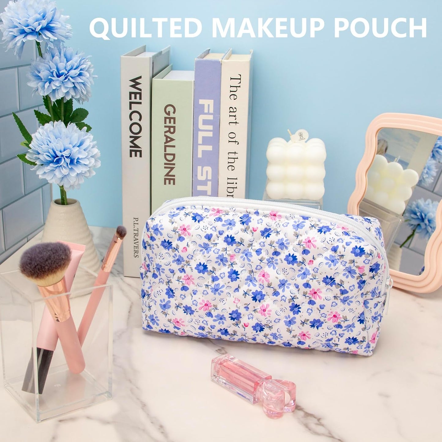 PAZIMIIK Vintage Quilted Makeup Bag Cosmetic Pouch for Brushes Pencils and Travel Make Up Accessories for Women and Girls Flower Blue