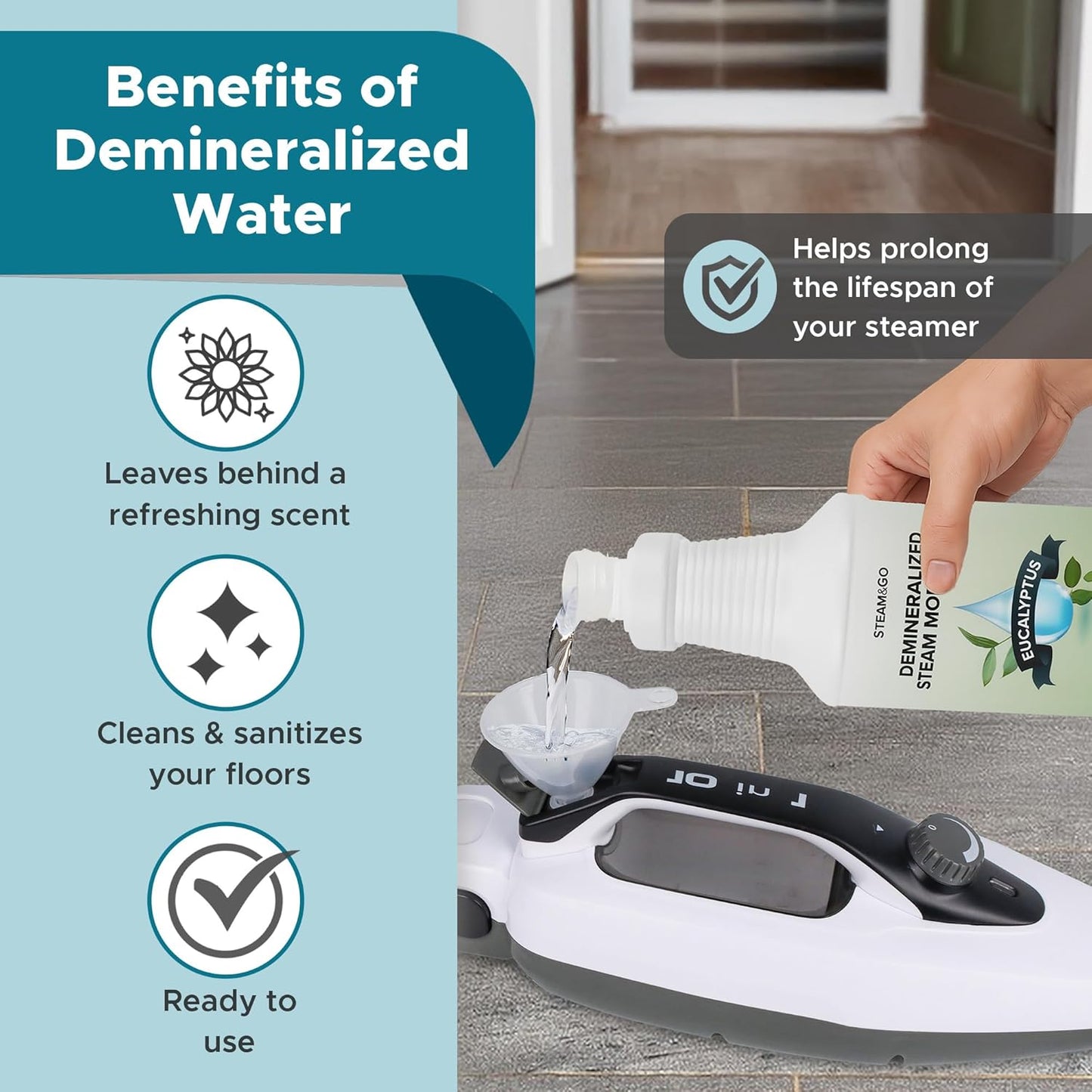 Steam & Go Demineralized Water for Steam Cleaner, PVC-Free Floor Cleaning Liquid Compatible With Any Steam Mop, Ready-to-Use Multisurface Cleaner, Scented, Eucalyptus Mint, 32 oz, Pack of 6