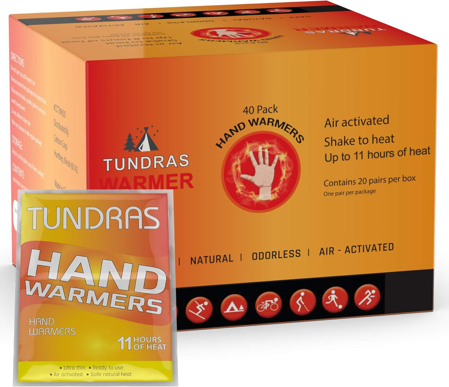 Hot Hand Warmers 11 Hours Long Lasting - 40 Count - Natural Odorless Safe Single Use Air Activated Heat Packs for Hands, Toes and Body - Up to 11 Hours of Heat - TSA Approved