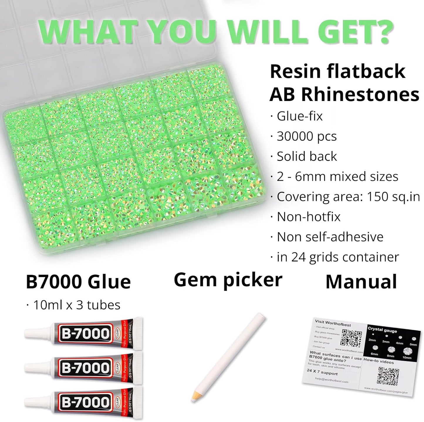 30000Pcs Resin Jelly Rhinestones Set for Crafting Bedazzling, Neon Lime Green AB Flatback Gems Jewels for Crafts Clothes Shoes Fabric Outfit Makeup, Flat Back Crystal 2-6mm with b 7000 Glue