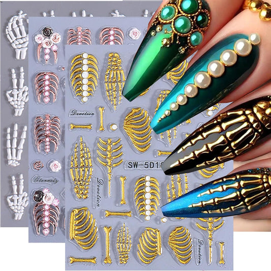 5D Embossed Halloween Nail Stickers for Nail Art Kit 3 Sheets Halloween Skull & Skeleton Nail Art