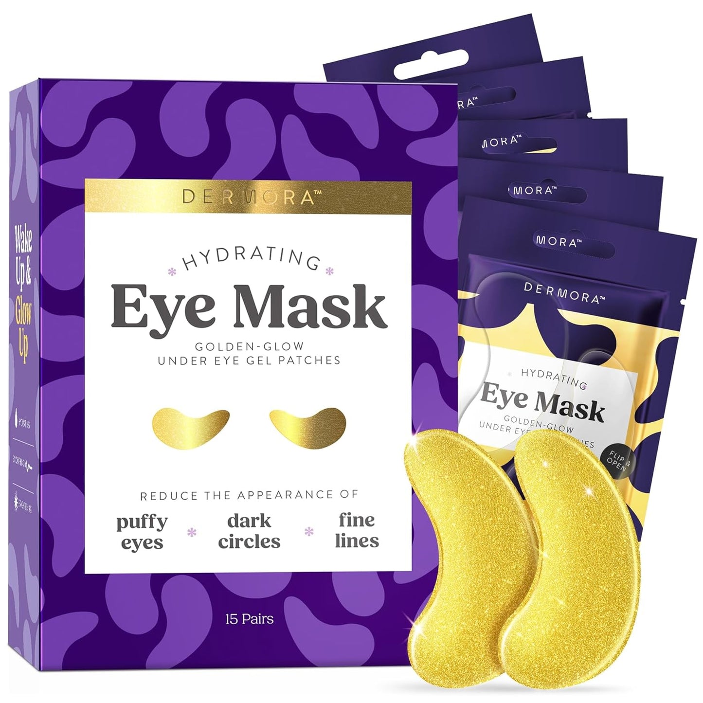 DERMORA Golden Glow Under Eye Patches | Rejuvenating Treatment | Dark Circles, Puffy Eyes, Refreshing, Revitalizing, Travel, Wrinkles |15 Pairs Eye Gels