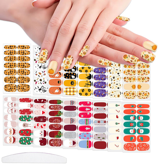 WOKOTO 20 Sheets Mixed Halloween Christmas Nail Polish Strips Full Nail Wraps Stickers for Women