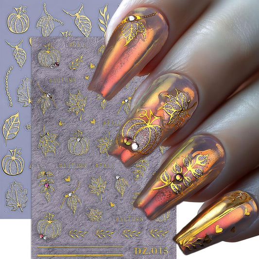 Fall Nail Art Stickers 2 Sheets Gold Pumpkin Nail Decals 3D Self-Adhesive Thanksgiving Day Nails