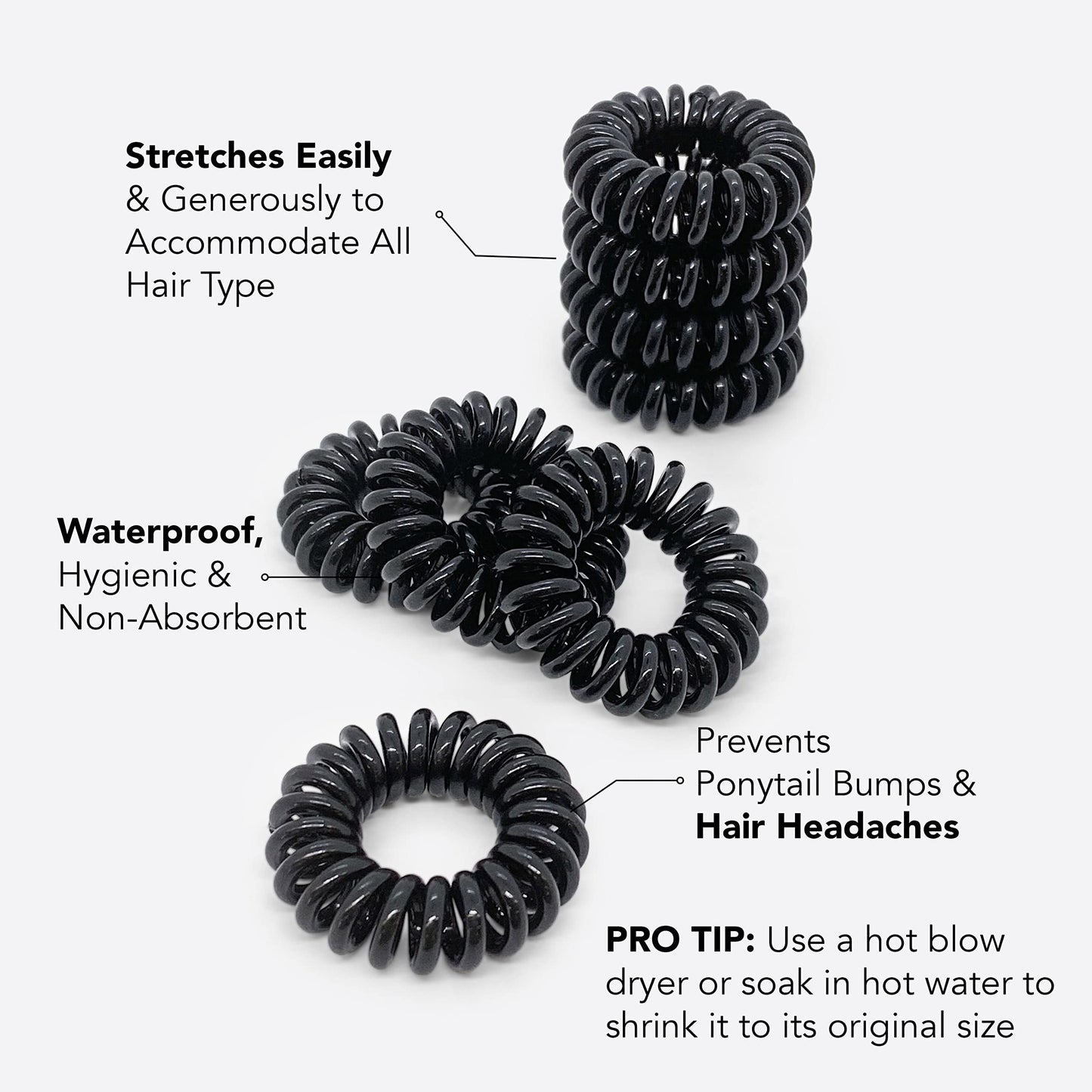 Kitsch Spiral Hair Ties for Women - Durable Hair Accessories - Black, 8 Pcs