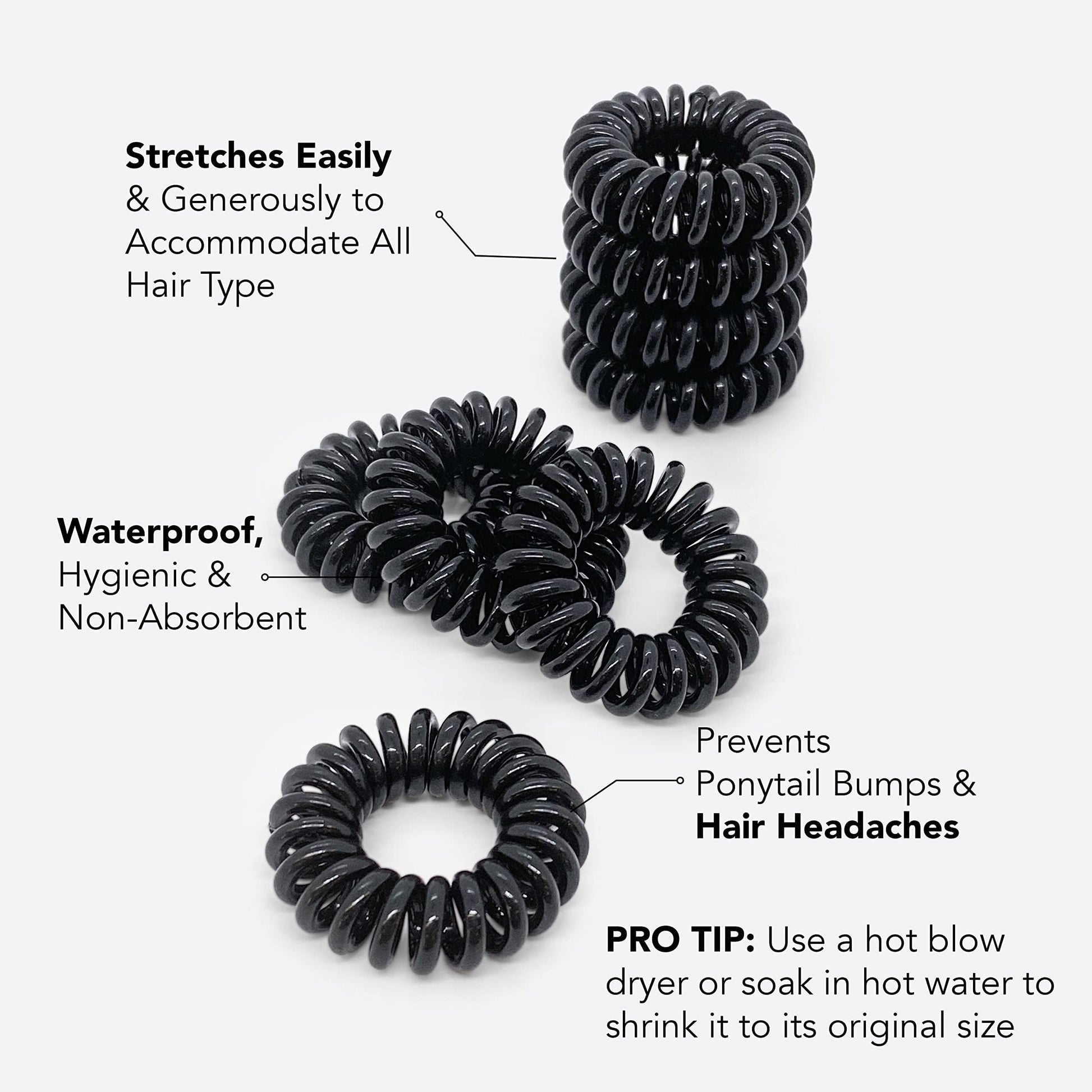 Kitsch Spiral Hair Ties for Women - Durable Hair Accessories - Black, 8 Pcs