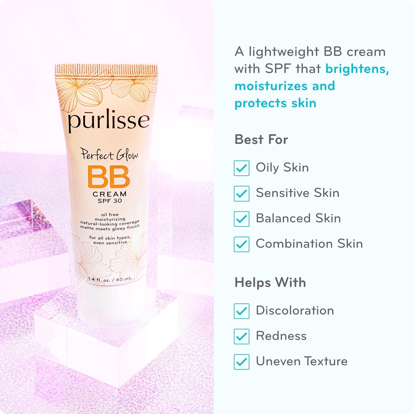 pūrlisse Perfect Glow BB Cream with SPF 30 - Matte Meets Dewy Finish - Enriched with Goji & Hawthorn Berry to Help Improve Skin Texture & Radiance - Deep (1.4 oz)