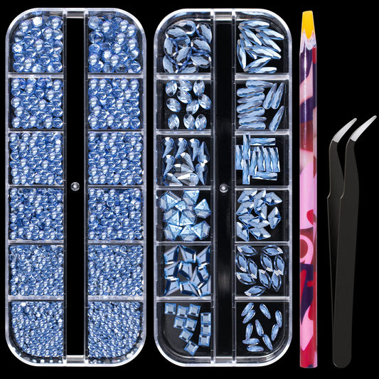 Multi Shapes Light Blue 3D Glass Crystal Nail Art Rhinestones Kit with Flatback Round Bead Charm