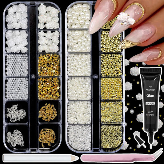 Nail Art Charms with Rhinestones Glue Gel White Flatback Pearls Luxurious Nail Charms Supplies