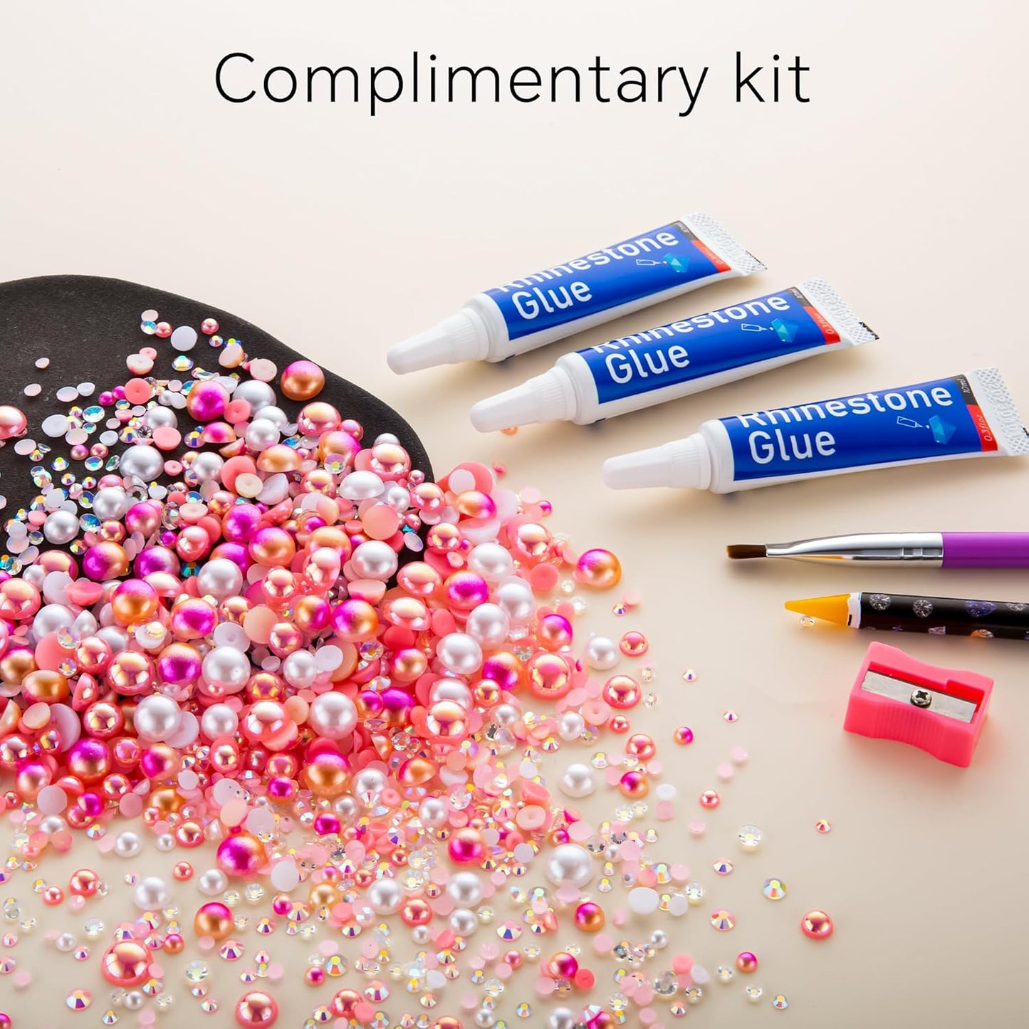 60g Pink Flat Back Pearls Rhinestones for Crafts Mixed Size 3mm-10mm AB Color Round Half Pearls Flatback Pearl Beads and Resin Rhinestones Set for Face Art with Glue