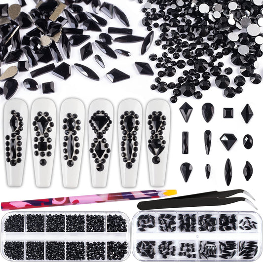 Multi Shapes Black 3D Glass Crystal Nail Art Rhinestones Kit with Flatback Round Bead Charm Gem