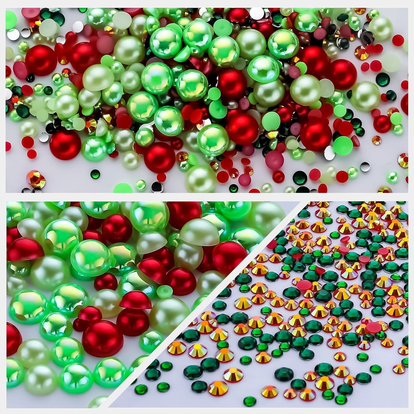 60g Christmas Pearls Rhinestones for Crafts Mixed Size 3mm-10mm AB Color Round Half Pearls Flatback Pearl Beads and Resin Rhinestones Set for Face Art with Gel