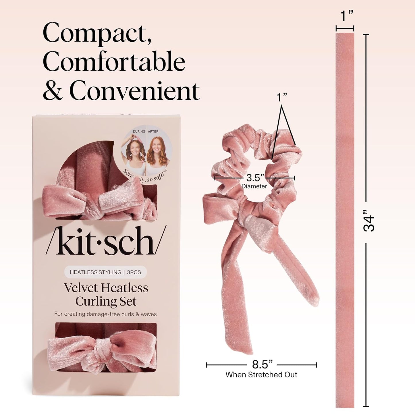 Kitsch Velvet Heatless Curling Set – Hair Curler to Sleep In for Heatless Curls Overnight - Heatless Hair Curler for Women – No Heat Damage Hair Styling Tool with 2 Velvet Scrunchies – Terracotta