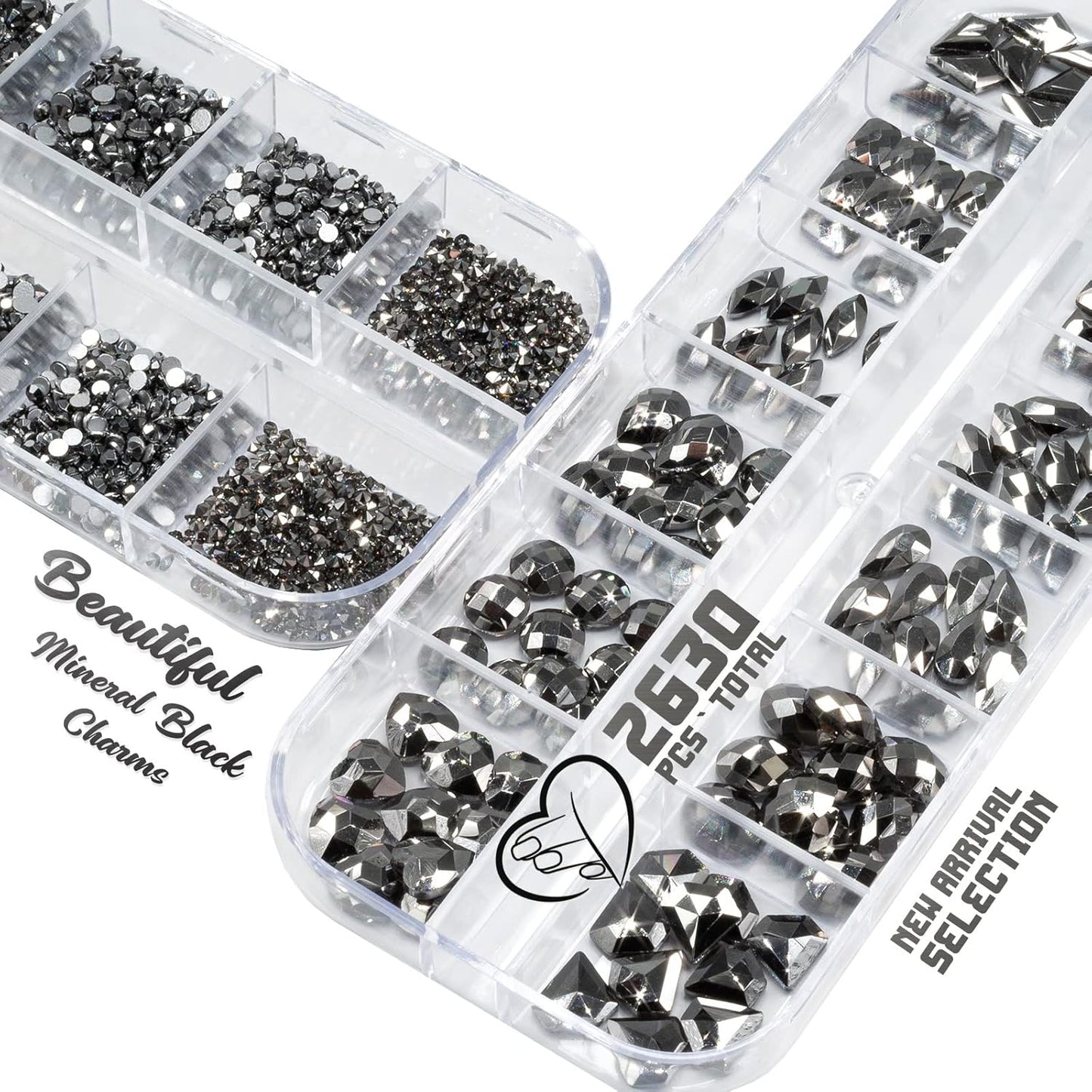 2630Pcs Mine Black Nail Rhinestones 120 Multi Shapes Metallic Black Big Gems Nail Charms +2510 Flatback Rhinestones Round Beads K9 Glass Stones Nail Art Diamonds jewels for Nails Eyes Makeup Crafts