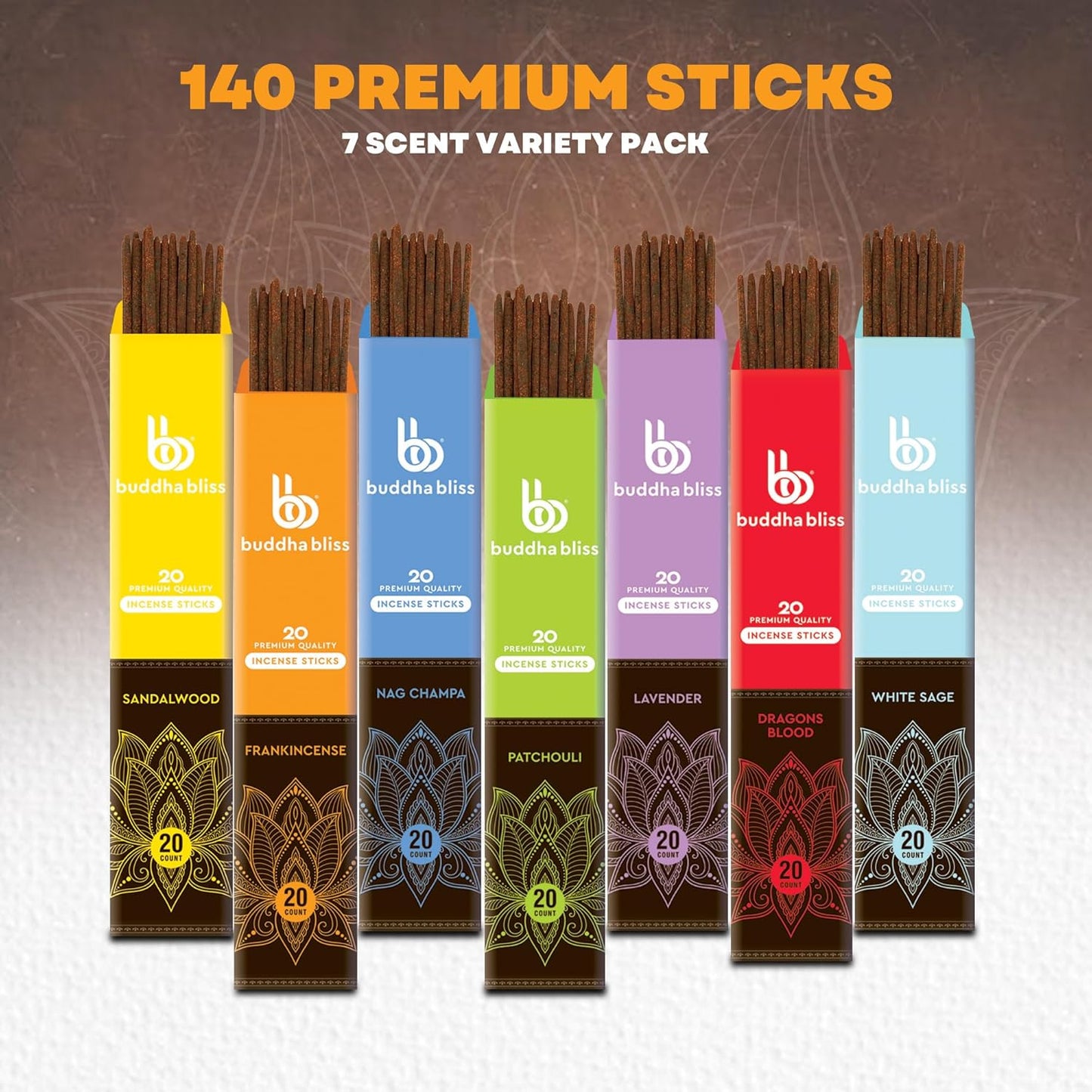Mecka Buddha Bliss Incense Sticks - Set of 7 | 140 Sticks for Aromatherapy & Relaxation - Nag Champa, Frankincense, Sandalwood, White Sage Inscent | Natural Non Toxic Premium Long Burn Insenses