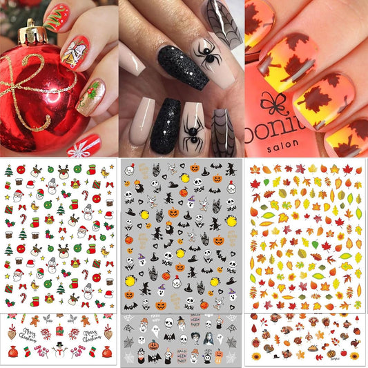 TailaiMei 18 Sheets Holiday Nail Stickers, Halloween Christmas Thanksgiving Day Seasonal Nail Art Decals for Fall and Winter DIY Nail Decorations