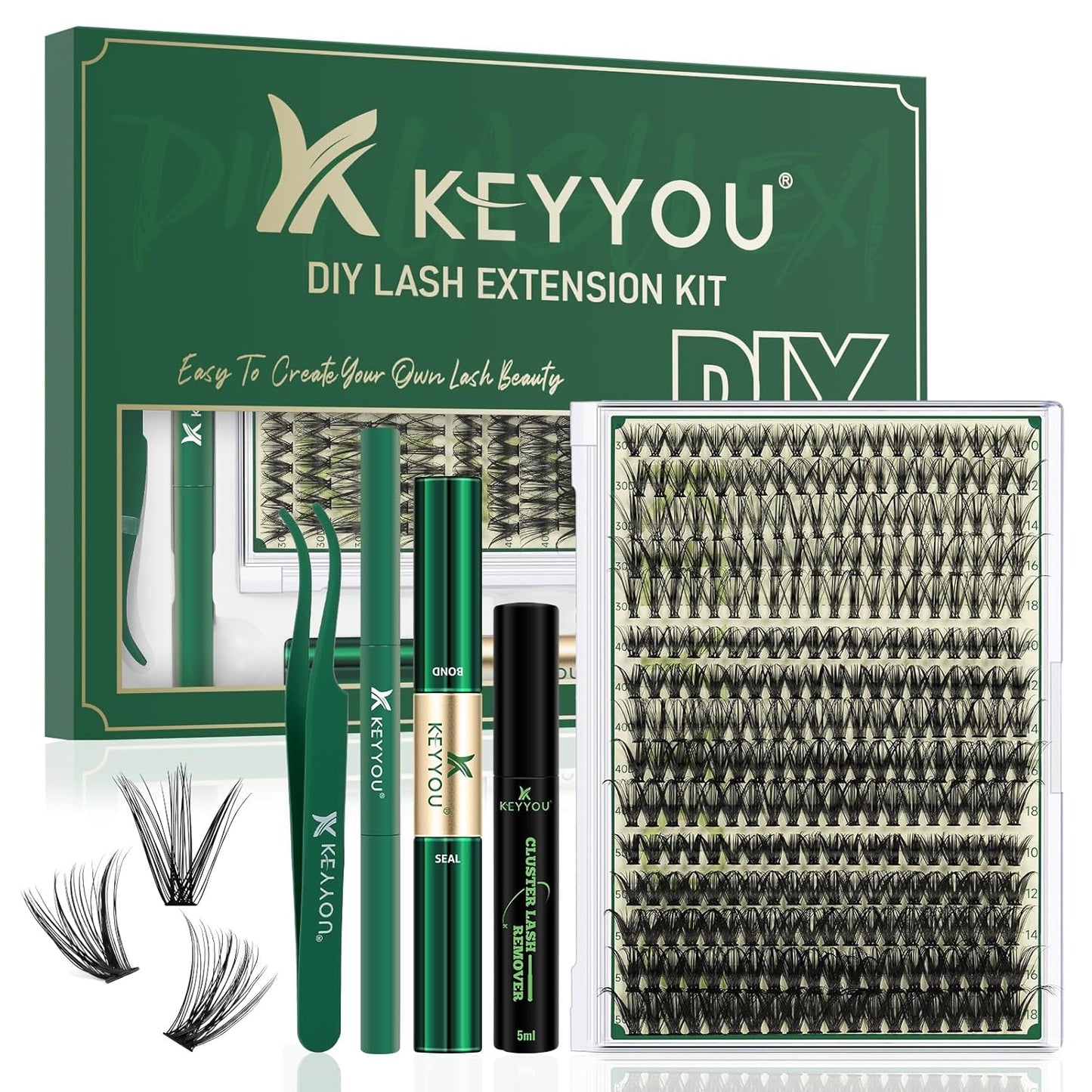 KEYYOU Lash Extension Kit DIY 300Pcs Lash Clusters Eyelash Extension Kit Lash Clusters Kit with Lash Glue Remover Applicator Easy to Use for Beginners(Kit,30D40D50D-D,8-16MIX)