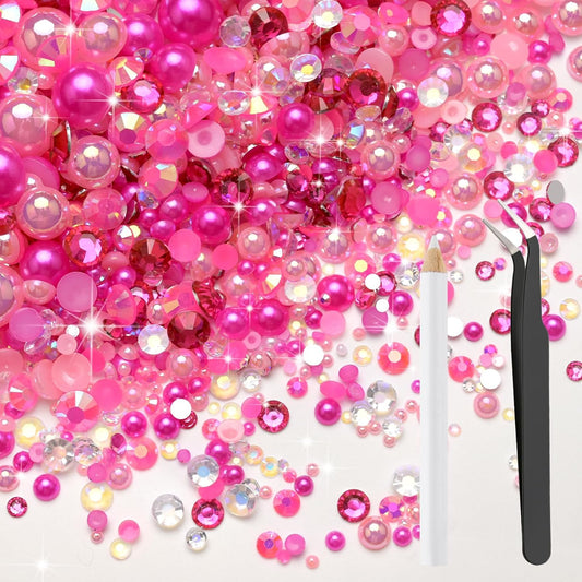 80g Mix Flatback Pearls and Rhinestones for Crafts Pink Mixed Size 2mm-10mm Half Round Pearls