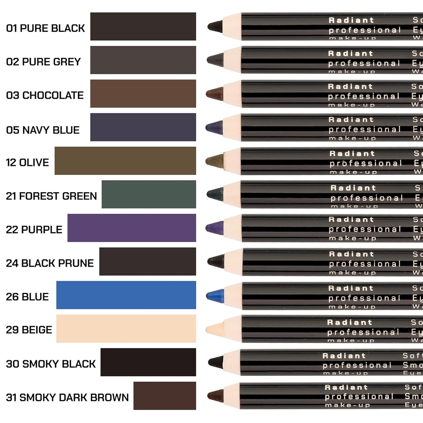 Radiant Professional Black Waterproof Eyeliner Pencil - Eyeliner Waterproof Smudge Proof for Woman - Long Lasting Under Eye Pencil for Smoky Eye - Soft Waterline Eye liner with Smudger Tool -Black(01)