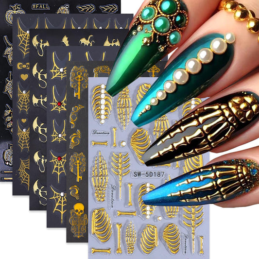 6 Sheets Halloween Gold Nail Art Stickers Decals Spider Web Nails Stickers with Rhinestones Design