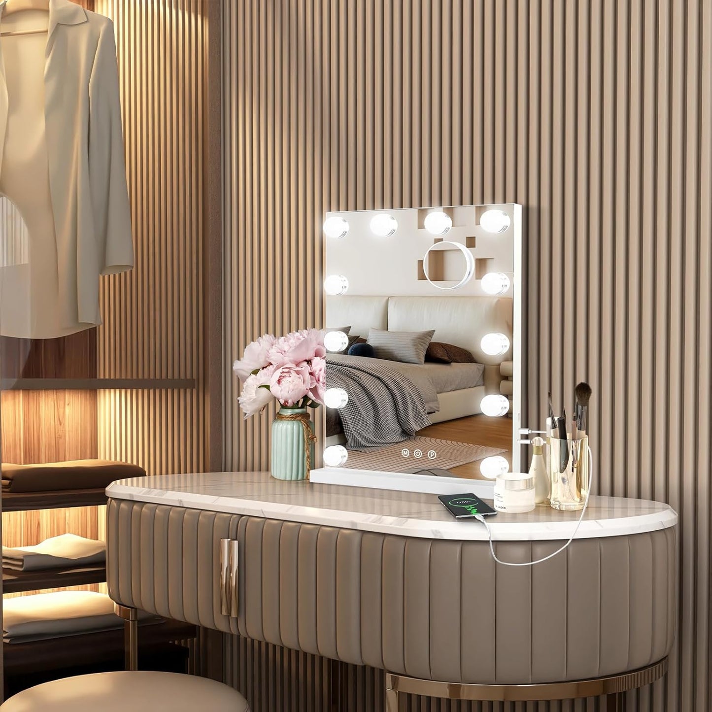 Hollywood Vanity Mirror with Lights, 12 Dimmable Bulbs, 3 Color Lights,Make Up Lighted Mirror, Aluminum Metal Frame, USB Charging Port（14" x 18"）