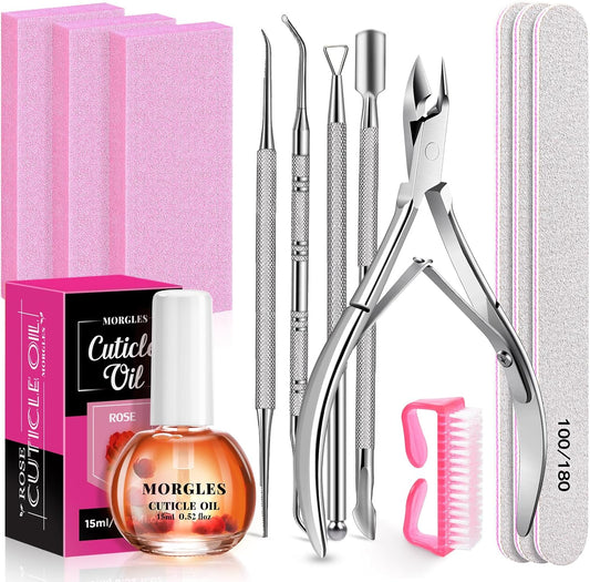 MORGLES Cuticle Remover Kit, 100/180 Nail File and Nail Buffer Blocks, 1 Pcs Rose Cuticle Oil and Professional Pedicure Manicure Tools, Nipper Cutter for Fingernails and Toenails