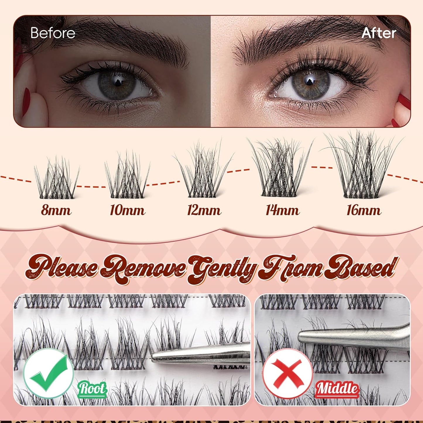 Lash Clusters 0.05mm PBT Fiber Eyelash Clusters, 0.1mm Superfine Invisiband D Curl Diy Lash Extension, 96pcs 8-16mm Individual Like Eyelash Extensions (Velvet-D-8-16Mix)