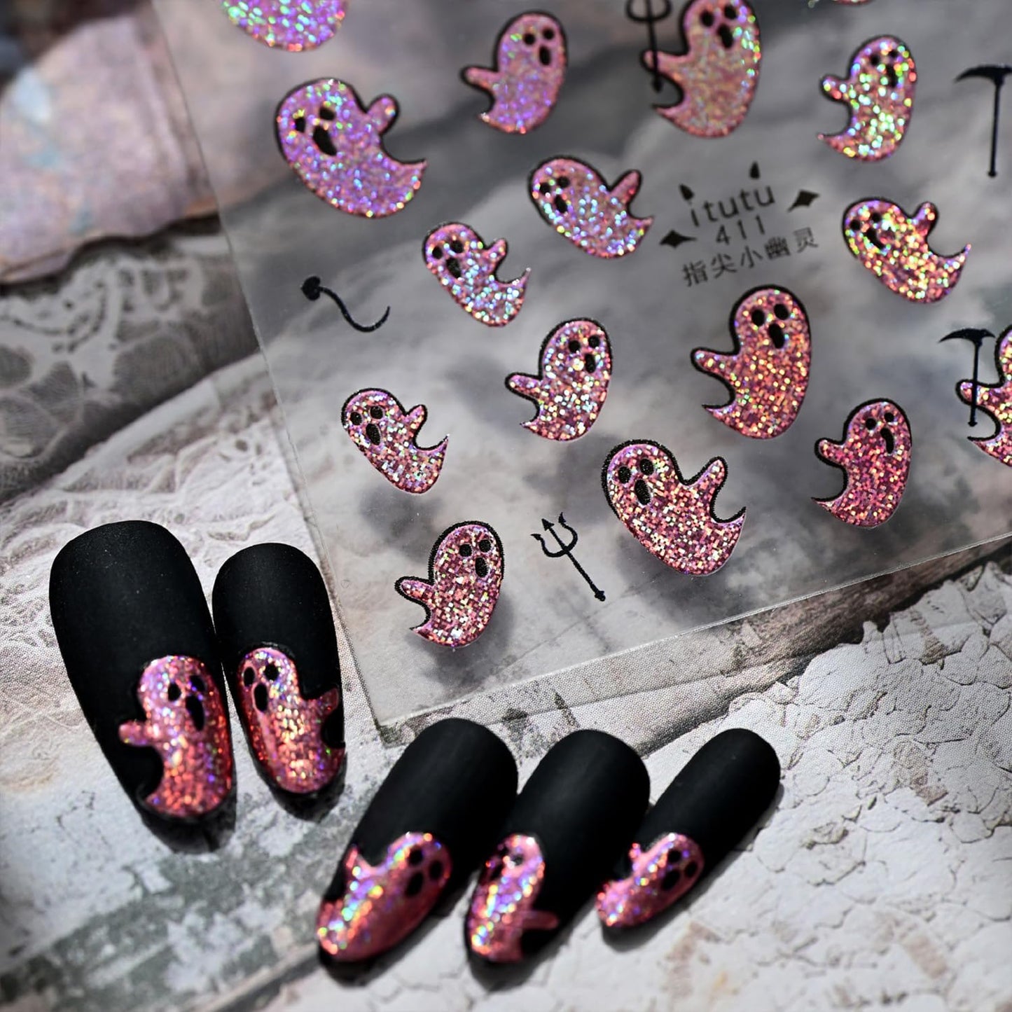 Halloween Nail Stickers for Nail Art Colorful Glitter Pink Cute Ghost Nail Art Stickers 5D Embossed Nail Decals 3D Self-Adhesive Nails Supply Manicure Sliders for Nails Decoration