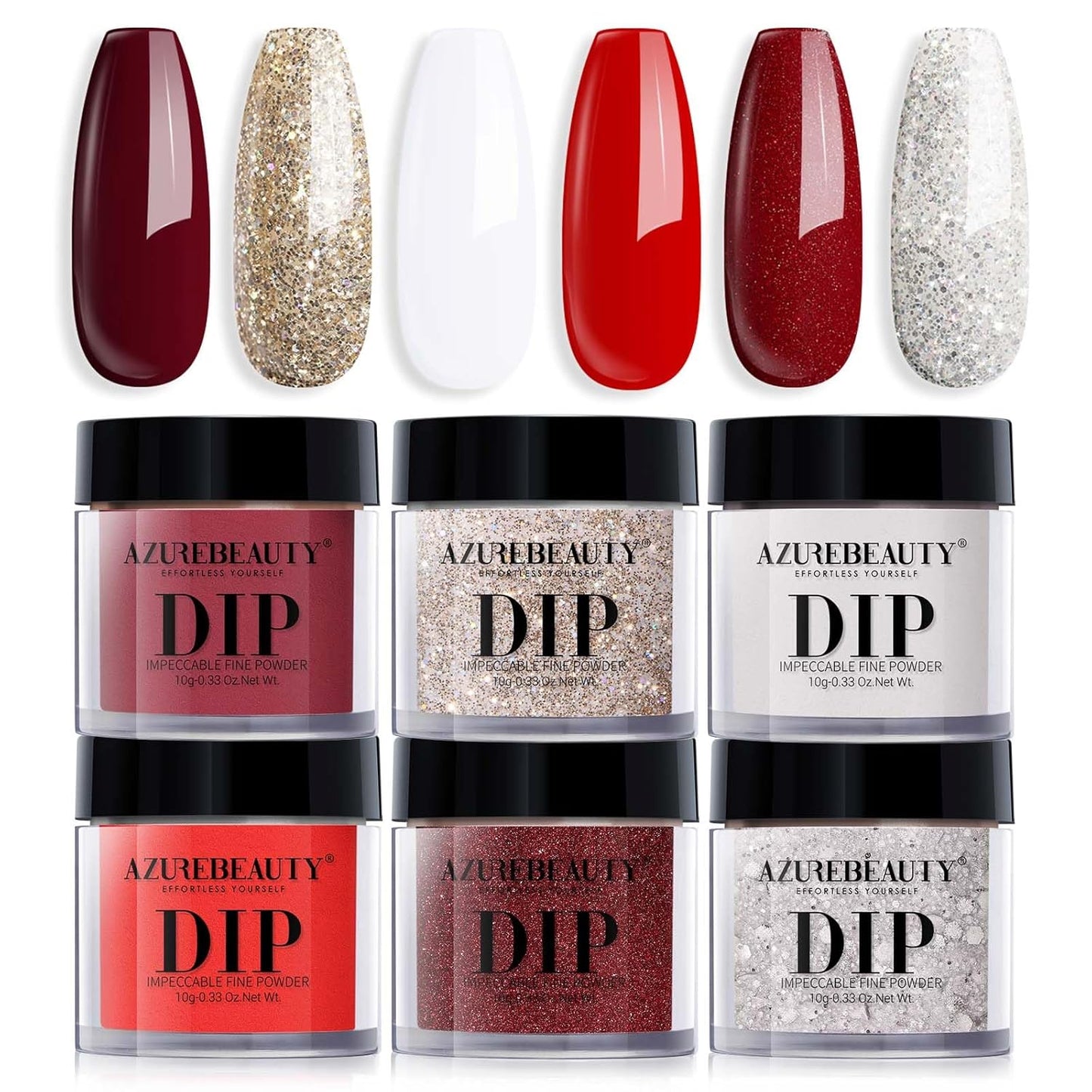 AZUREBEAUTY Dip Powder Nail Set, Red Burgundy Rose Berry Sparkle Milky Snow White Silver Glitter, 6 Colors Dipping Powder Starter Kit French Nail Art Manicure DIY Salon, No Need Nail Lamp Cured