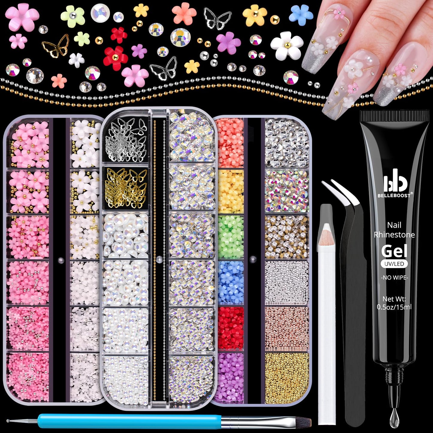 3D Flower Nail Charms and Gems, Cute Colorful Floral Charm Manicure Kit with Nail Rhinestone Glue Gel (UV Curing), Butterfly Caviar Beads Half Round Pearl & Flatback AB + Clear Crystal