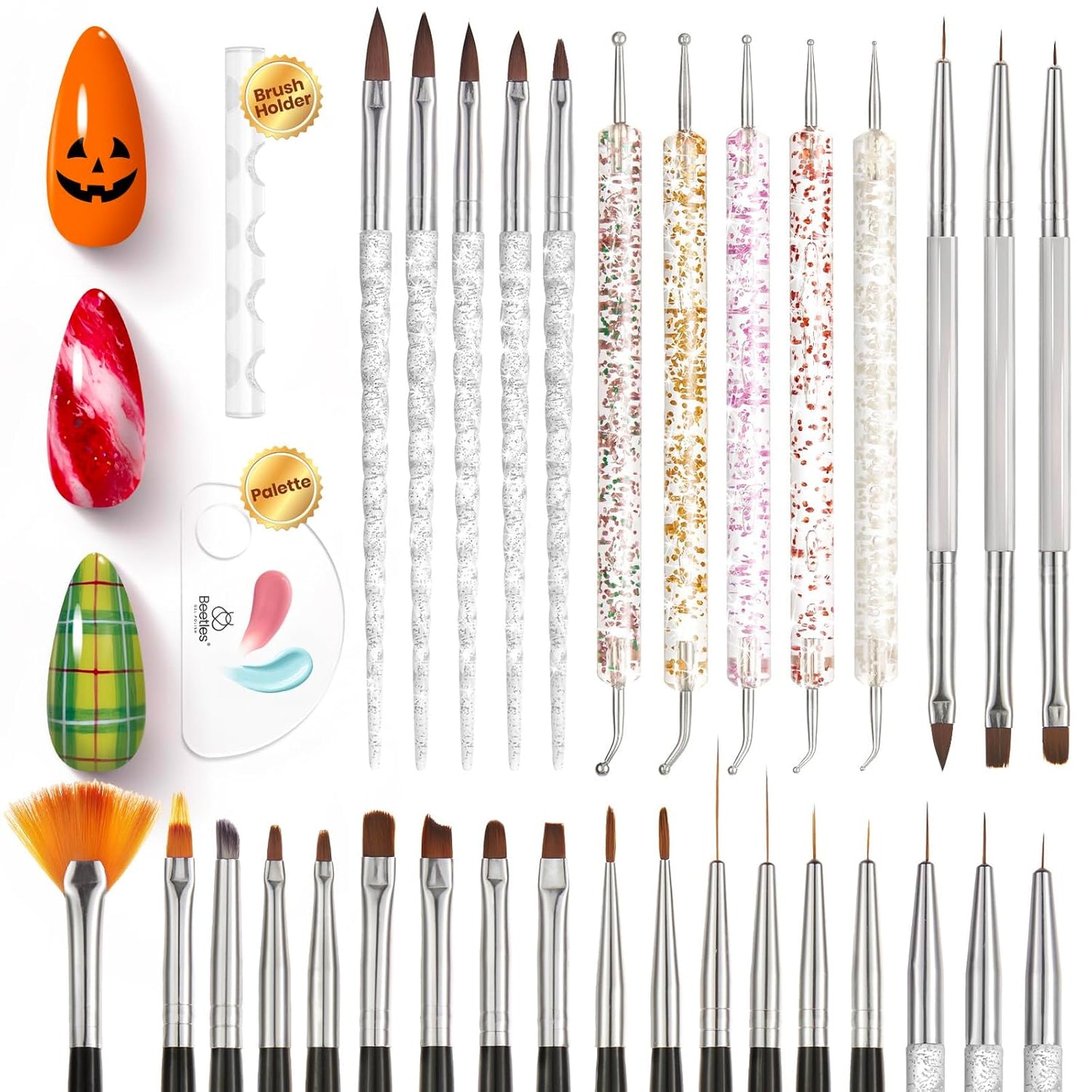 Beetles 31pcs Nail Art Brushes, Dotting Tools, Nail Art Pens, Dust Brush, Striping Liner Fingernail Drawing Pens with Palette Holder All in One for Starter Manicure Design Set