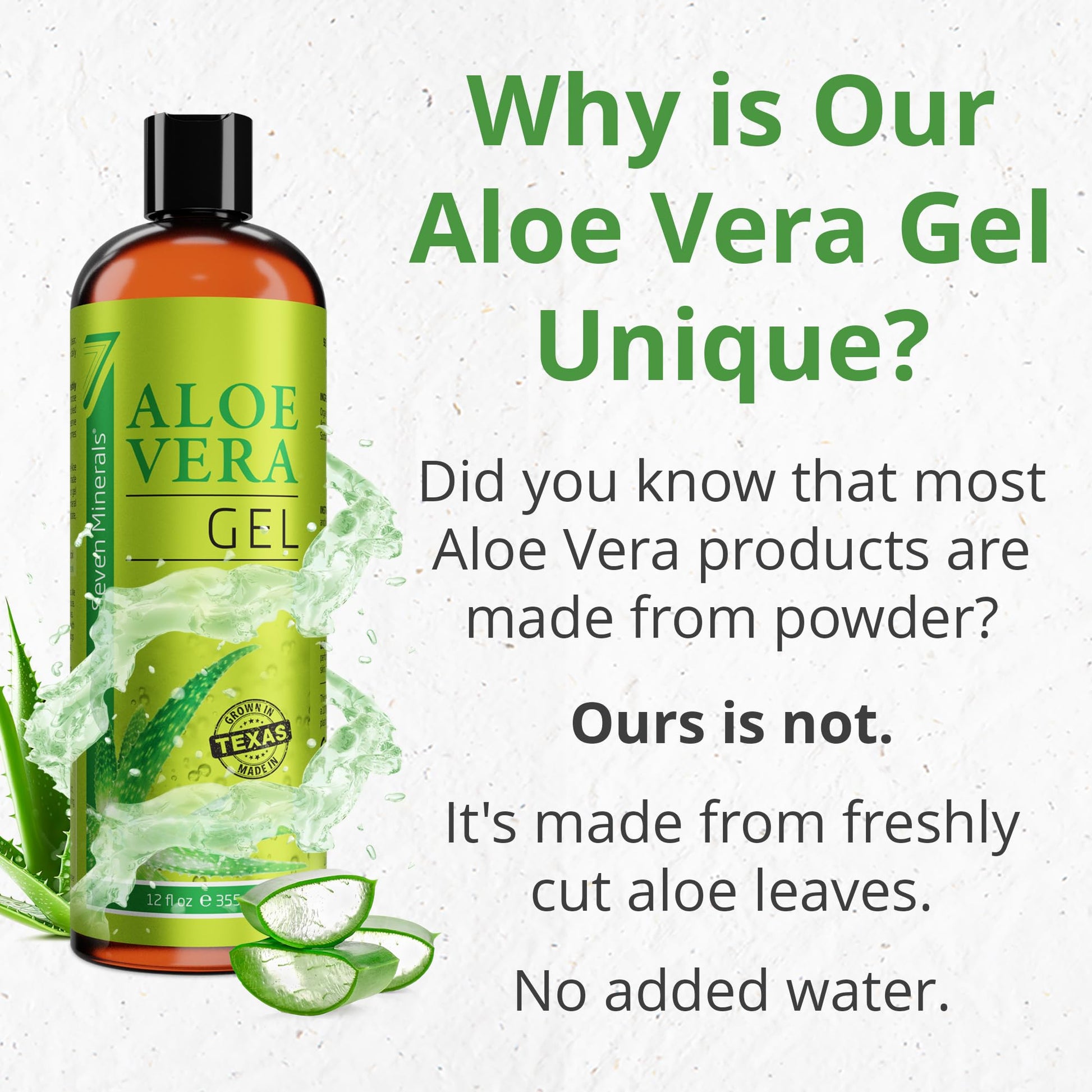 Seven Minerals Aloe Vera Gel with Freshly Cut Pure Organic Aloe - Big 12oz - Texas Grown
