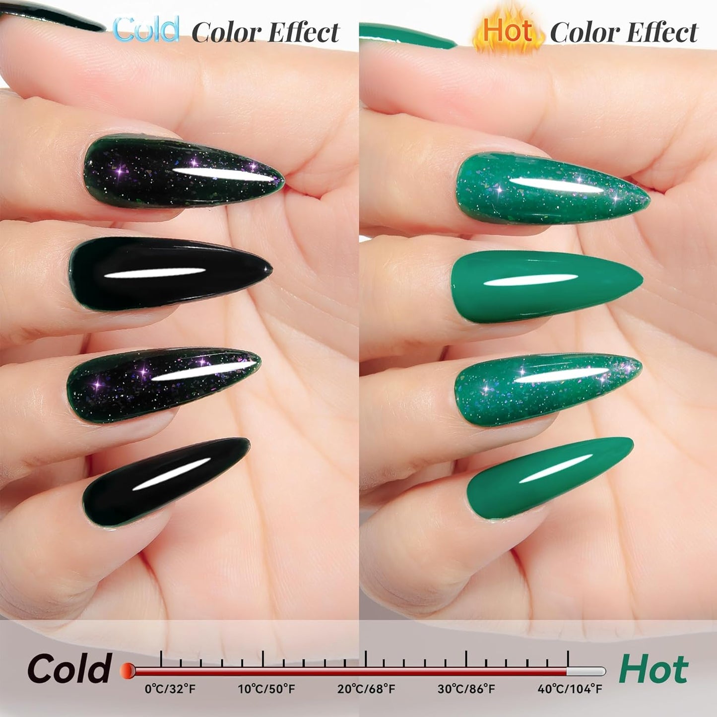 YTD Likomey Color Changing Gel Nail Polish Set,2 Pcs 15ml Bright Green to Dark Green Brocade Glitter and Pure Color Kit,Thermal Ombre Change Colors Salon Manicure Fall Winter UV Nail Varnish,WB2-3