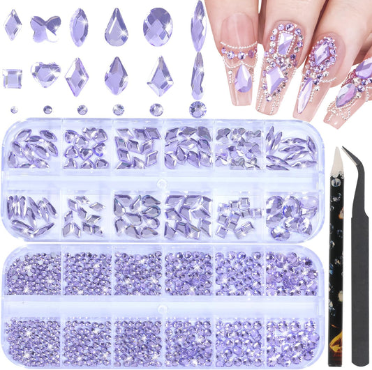 Nail Rhinestones - 3D Multi Shape Size, Flat Back, Crystals Manicure Rhinestones Charms, Light