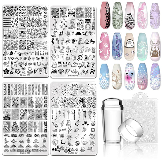 Biutee Nail Art Stamping Plate Nail Stamper Kit with Stamper & Scraper, Large Nail Stamp Plate
