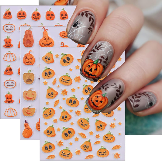 3 Sheets Halloween Pumpkin Nail Stickers 5D Embossed Self-Adhesive Pumpkin Fun Design Nail Decals Women Halloween DIY Nail Decoration