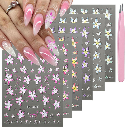 Flower Nail Stickers for Nail Art 5D Embossed Nails Decals Spring Summer Lily Decoration for Women