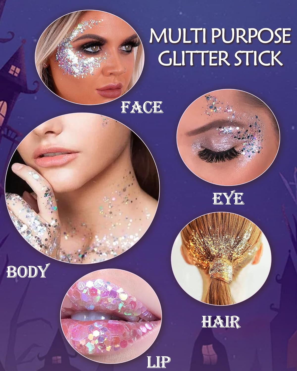 Body Glitter Stick, Waterproof Long Lasting Sparkling Face Shimmer Makeup, Singer Concerts Disco Music Halloween Festival Rave Accessories, Holographic Chunky Sequins Hair Stick,Gift for Women girl-14