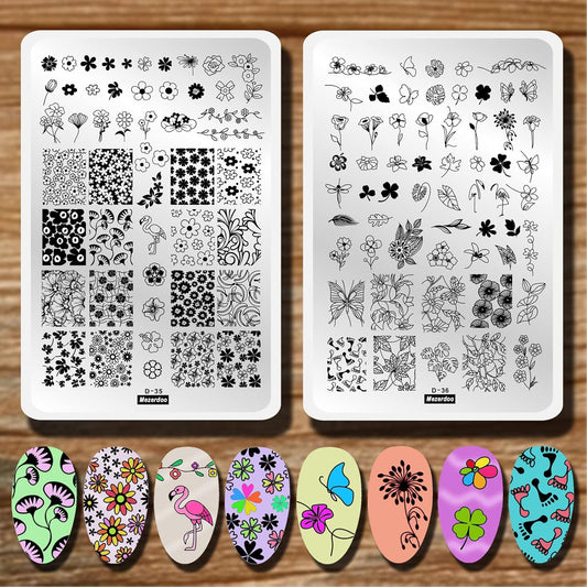 Flowers Leaf Nail Stamping Plates 2pcs Large Nail Stamper Plate Daisy Flower Flamingo Butterfly