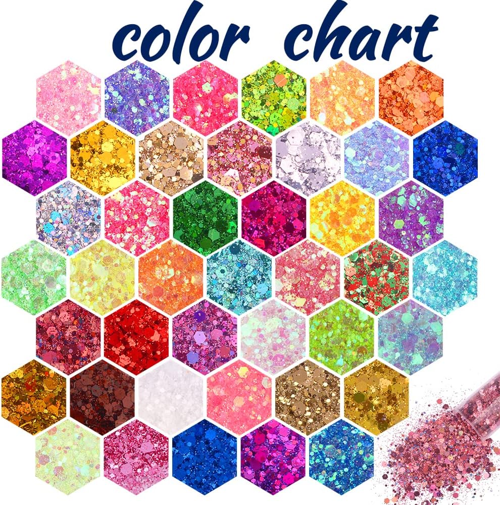 Holographic Chunky and Fine Glitter Mix, 45 Colors Festival Sequins & Powder, Iridescent Flakes, Cosmetic Face Body Eye Hair Nail Art Resin Tumbler Loose Glitter