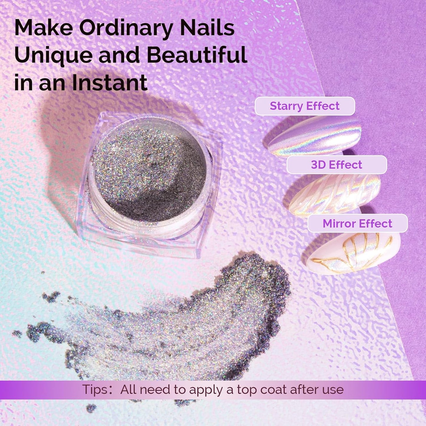 MelodySusie Chrome Nail Powder for Gel Nails,Holographic Laser Silver Metallic Mirror Effect Pigment Stylish Fine Glitter for Home DIY Salon Use Visit The MelodySusie Store