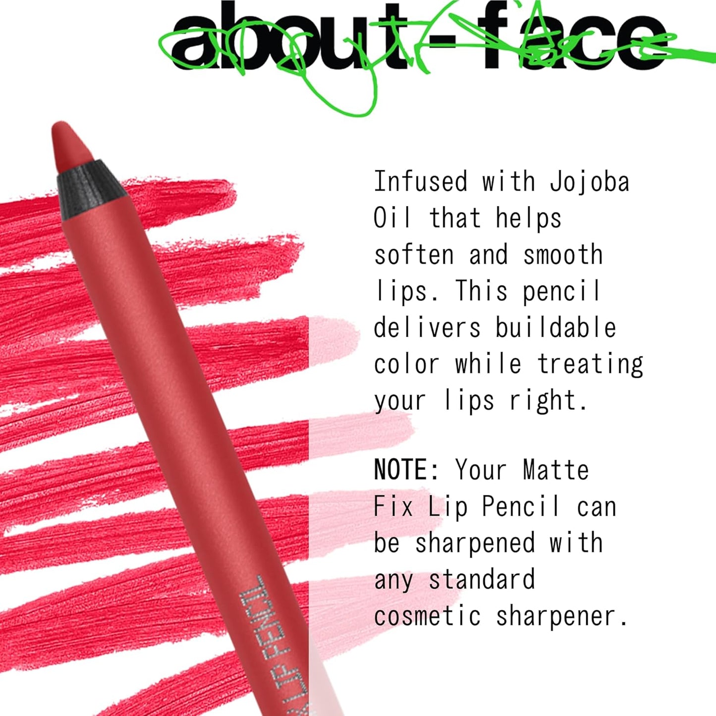 about-face Matte Fix Lip Pencil Sound The Alarm – Long-Wear, Creamy Matte Lip Liner with Hyaluronic Acid & Vitamins C & E – Vegan, Cruelty-Free, Clean Beauty – 0.042 oz (Bright Cherry Red)