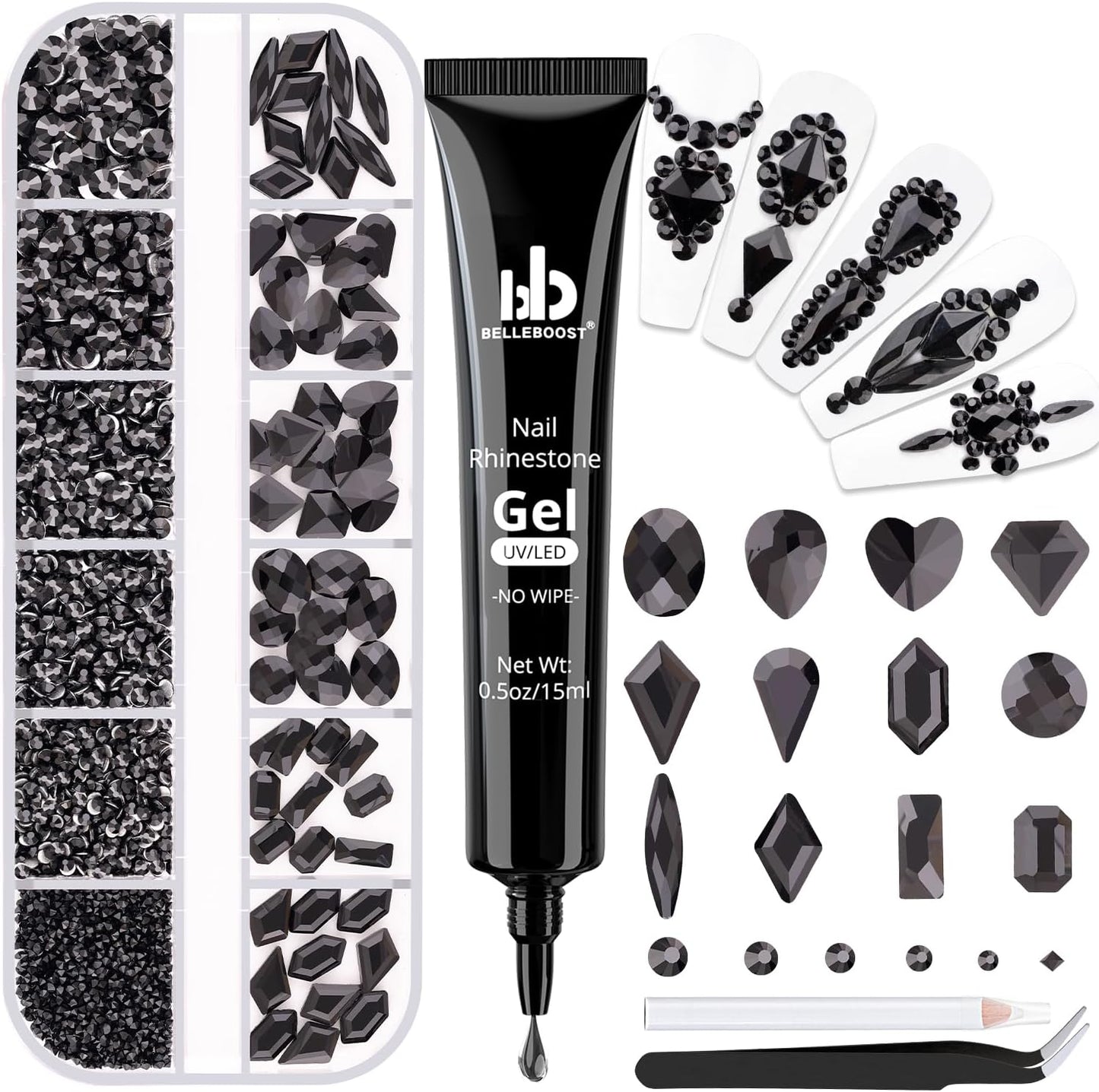 2060Pcs Black Glass Nail Rhinestones 60Pcs Multi Shapes Flatback Nail Gems + 2000Pcs 1.5-4mm Round Crystal with Rhinestones Glue Gel, Manicure Nail Charms Diamond Gemstones for Nail Art