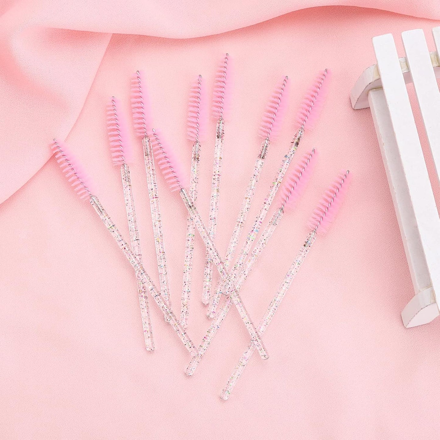 BTYMS 100 Pieces Crystal Eyelash Mascara Brushes Spoolie Brush Lash Wands Applicator Disposable Eyebrow - Light Pink