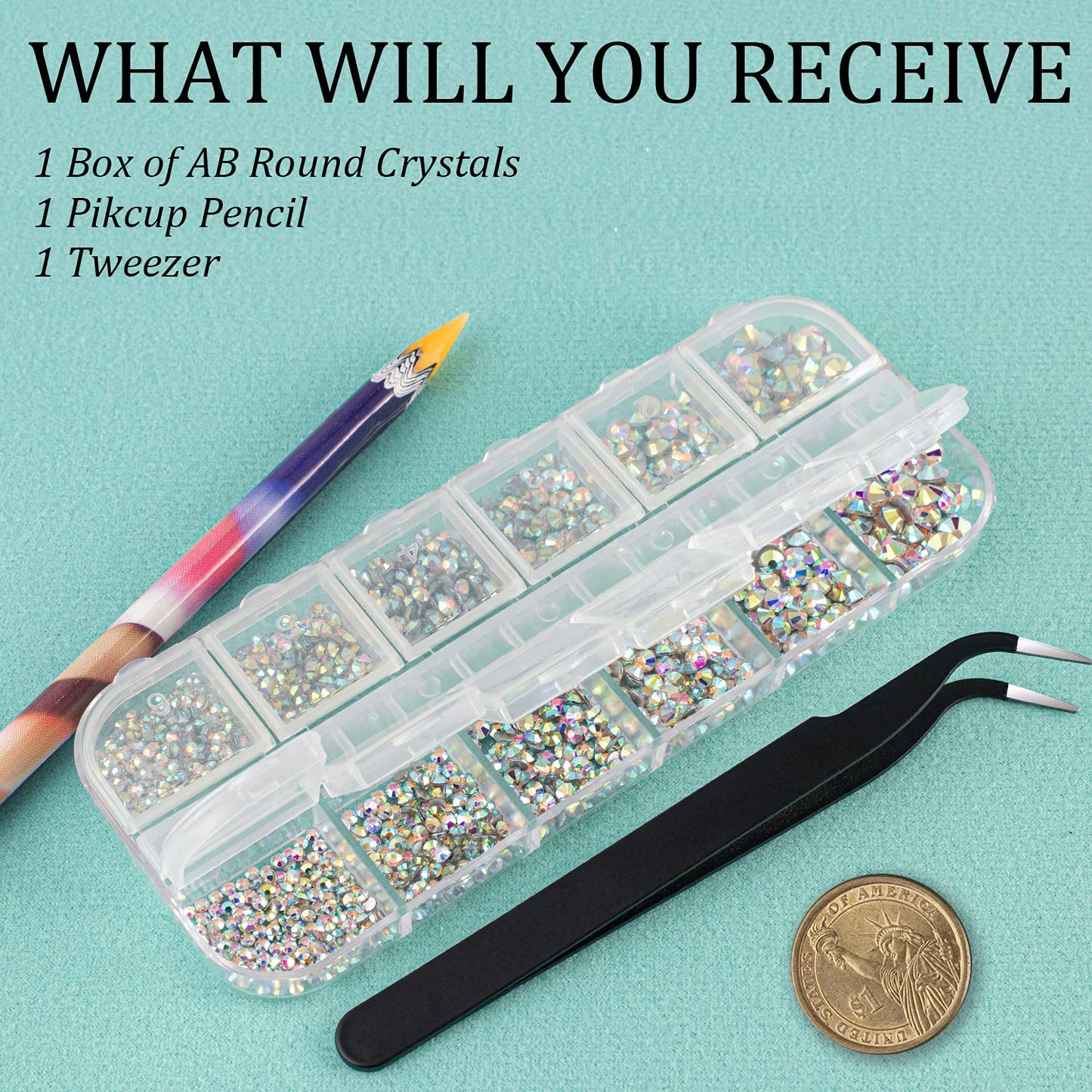 6 Sizes AB Glass Crystal Kit with Pickup Pen + Tweezer Tools for Iridescent Shine Nail Art Manicure Makeup DIY Decoration Flatback Round Rhinestone Gem Jewelry Diamond