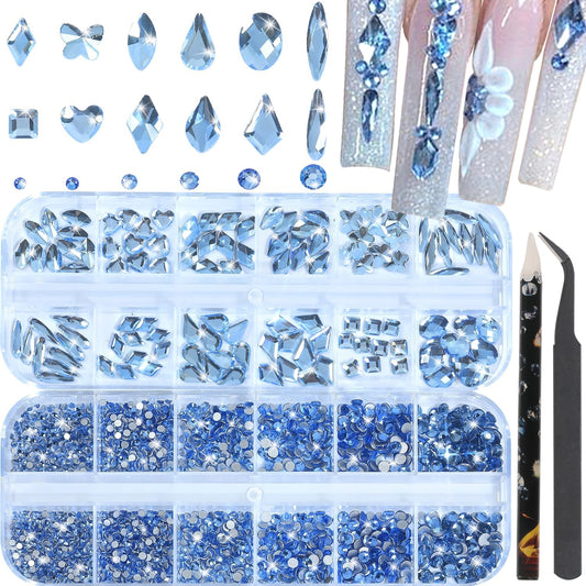Nail Rhinestones - 3D Multi Shape Size, Flat Back, Crystals Manicure Rhinestones Charms, Light Blue