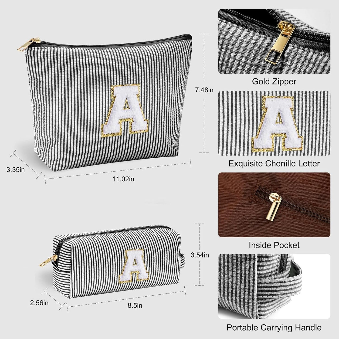 YOOLIFE Initial Cute Monogrammed Makeup Bag for Women - Personalized Birthday Gift for Teen Girl or Mom - Black