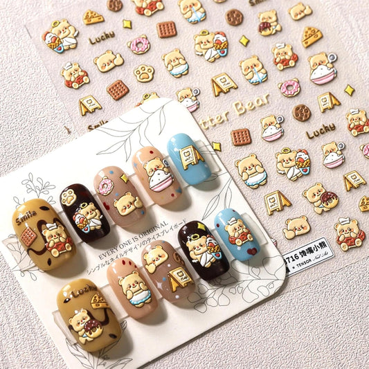 Dedyel Cute Nail Stickers 5D Embossed Cartoon Bear Kawaii Animal Self-Adhesive Nail Decals for